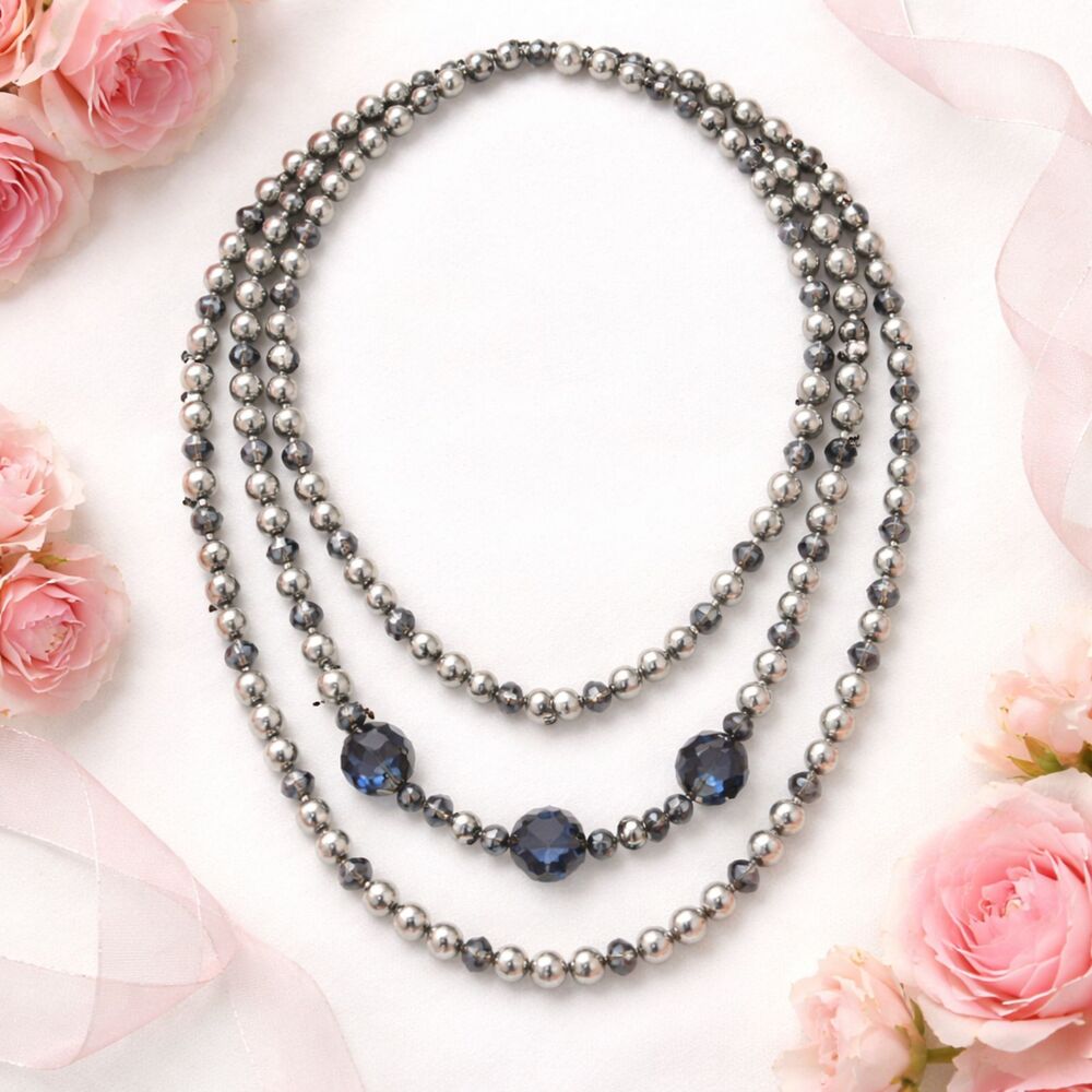 Chunky Gray Faux Pearl & Crystal Multi Strand Statement Necklace